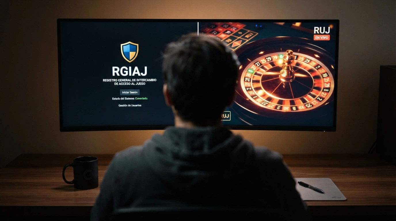Un jugador ante una pantalla dividida: a un lado el RGIAJ, al otro una sala de casino con licencia