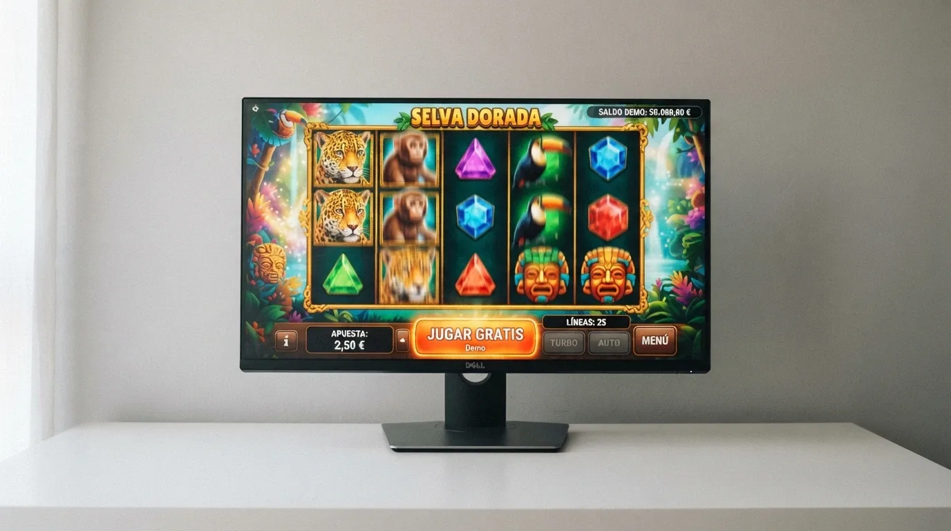 Pantalla de ordenador con una tragaperras de Red Tiger en modo demo, mostrando el saldo ficticio y el botón de «jugar gratis»