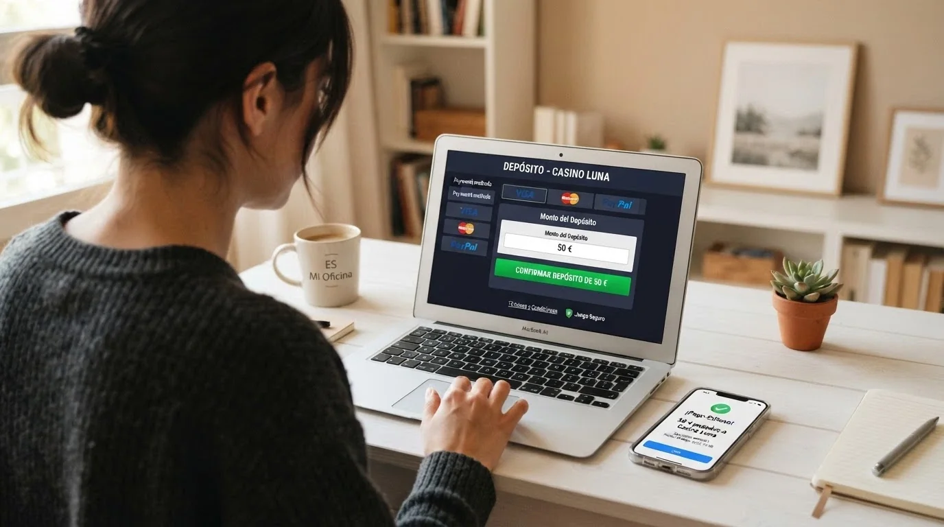 Interfaz de cajero de un casino online con el importe del depósito y el logo de Visa, junto a un móvil mostrando la confirmación de CaixaBank Pay