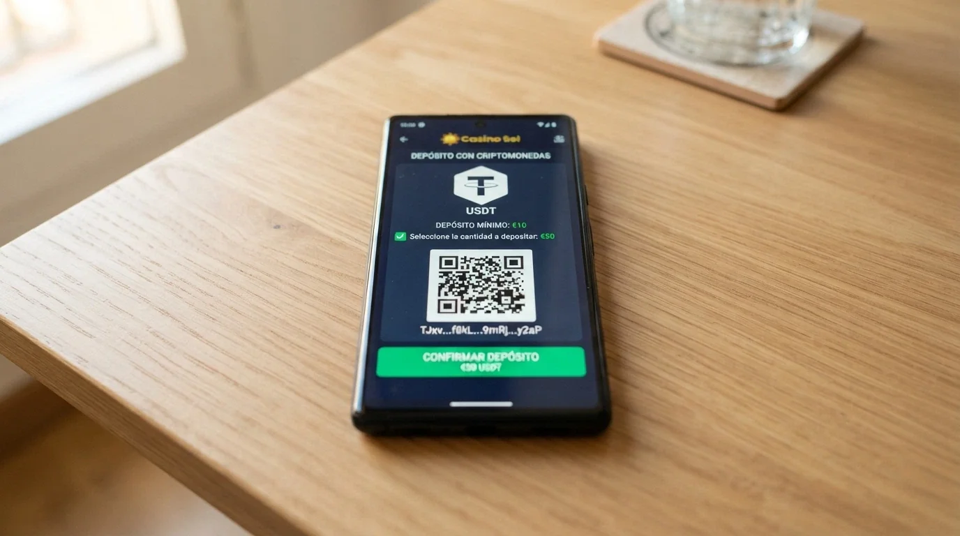 Pantalla de depósito de un casino online mostrando la opción de Binance Coin (BNB) con una dirección de wallet y un código QR