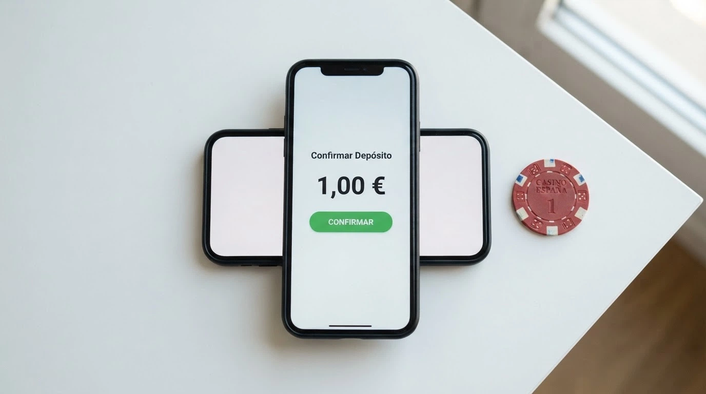 Un móvil mostrando la pantalla de depósito de un casino online español con la cifra 1,00 € resaltada junto a logotipos de métodos de pago