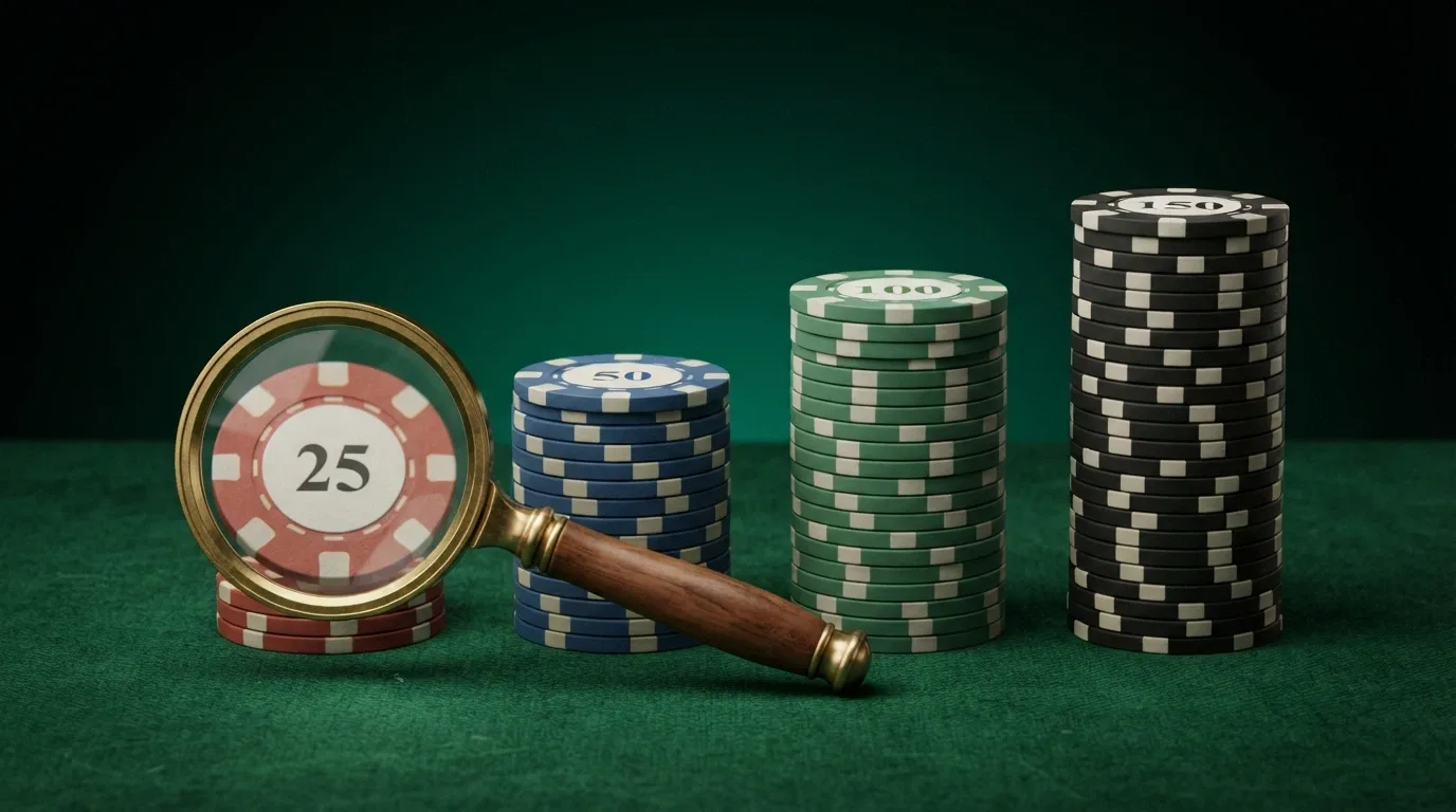 Cuatro montones de fichas de distinto tamaño etiquetados 25, 50, 100 y 150 sobre una mesa de juego, con una lupa sobre el montón más pequeño