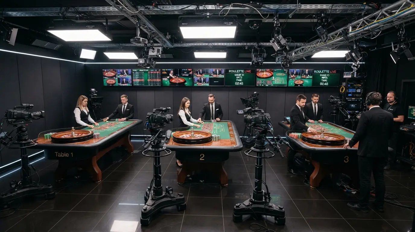 Plató de emisión de casino en vivo con varias mesas de ruleta, equipo de cámaras HD, monitores y un crupier atendiendo una mesa con fichas y ruleta física