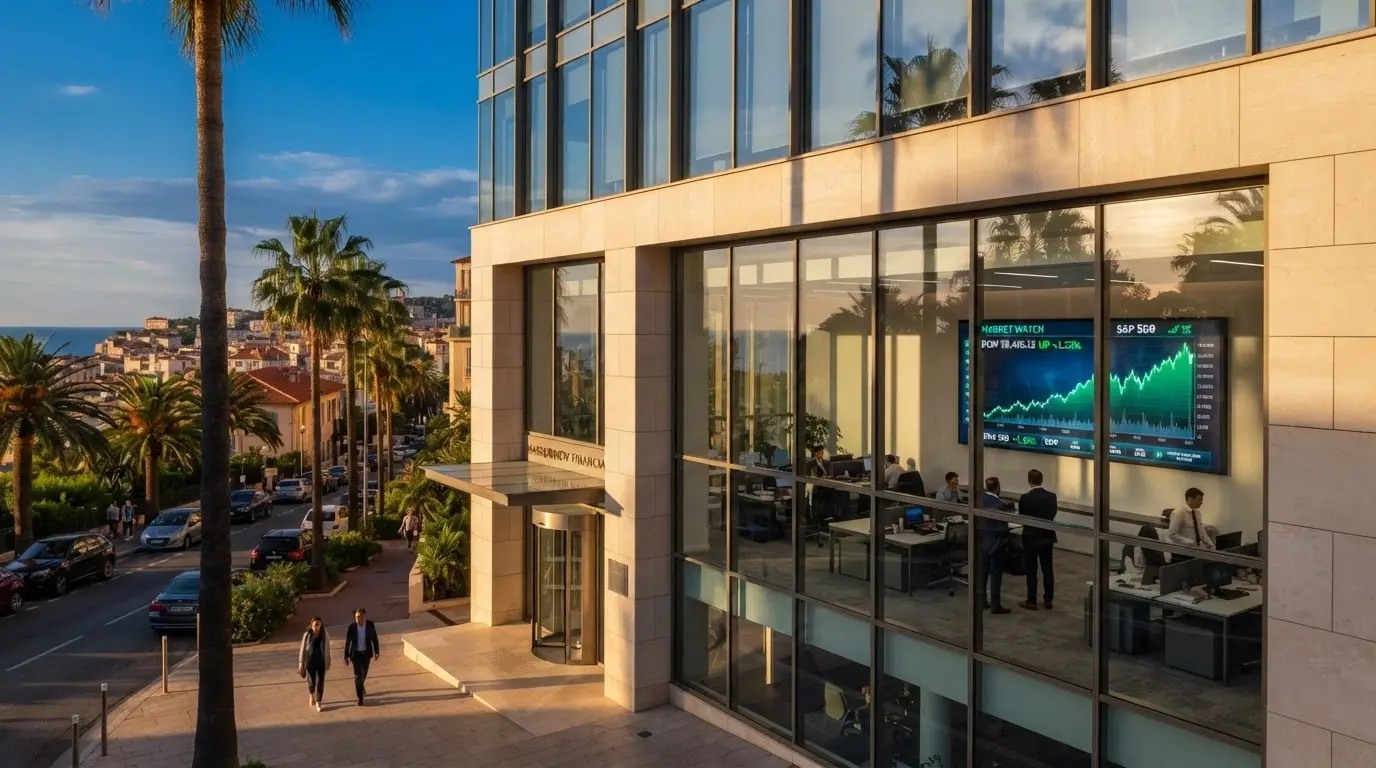 Sede corporativa de Hacksaw Gaming en Malta junto a una pantalla con la cotización en Nasdaq Estocolmo