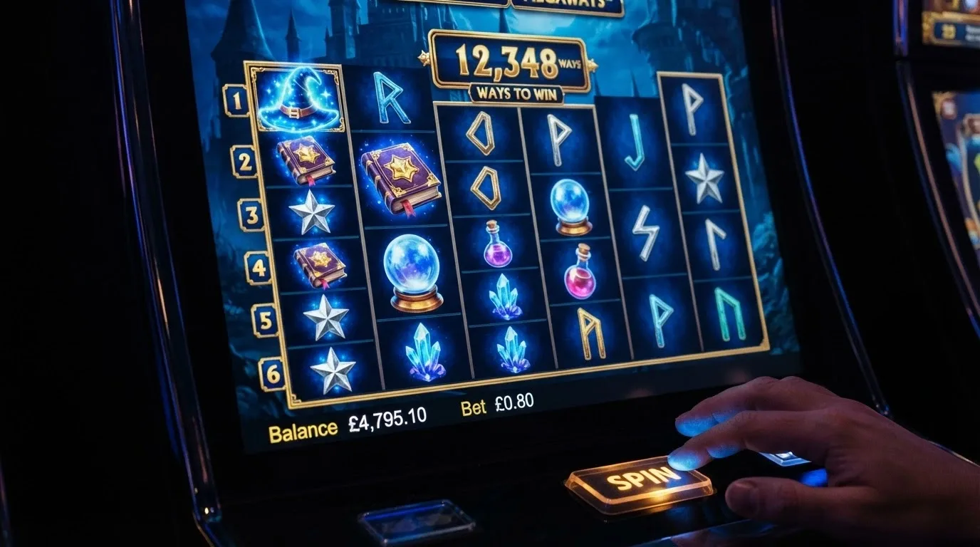 Los rodillos de Blue Wizard Megaways mostrando símbolos de temática mágica con el contador de formas de ganar visible