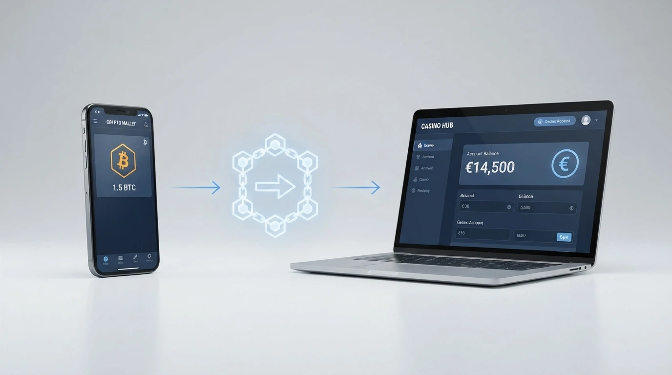 Diagrama de tres pasos: exchange o wallet, envío por BNB Smart Chain y saldo acreditado en el casino