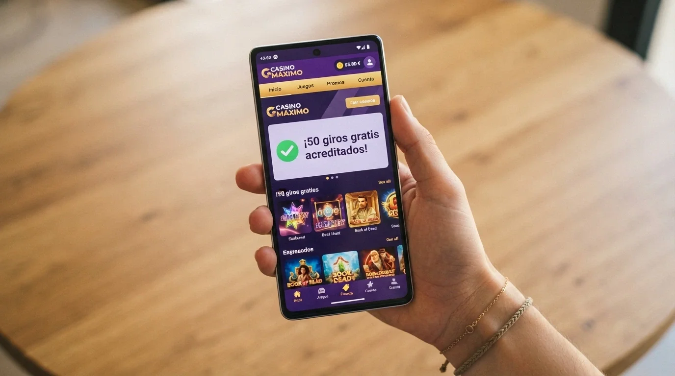 Una mano sostiene un móvil mostrando una notificación de giros gratis acreditados sin depósito en la pantalla de un casino con dominio .es