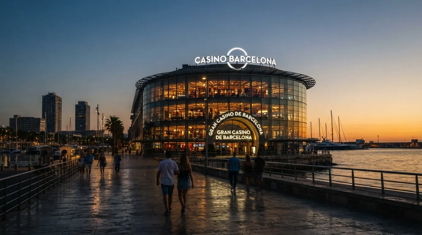 Fachada del Gran Casino de Barcelona en la Marina de Port Olímpic con el skyline marítimo de fondo
