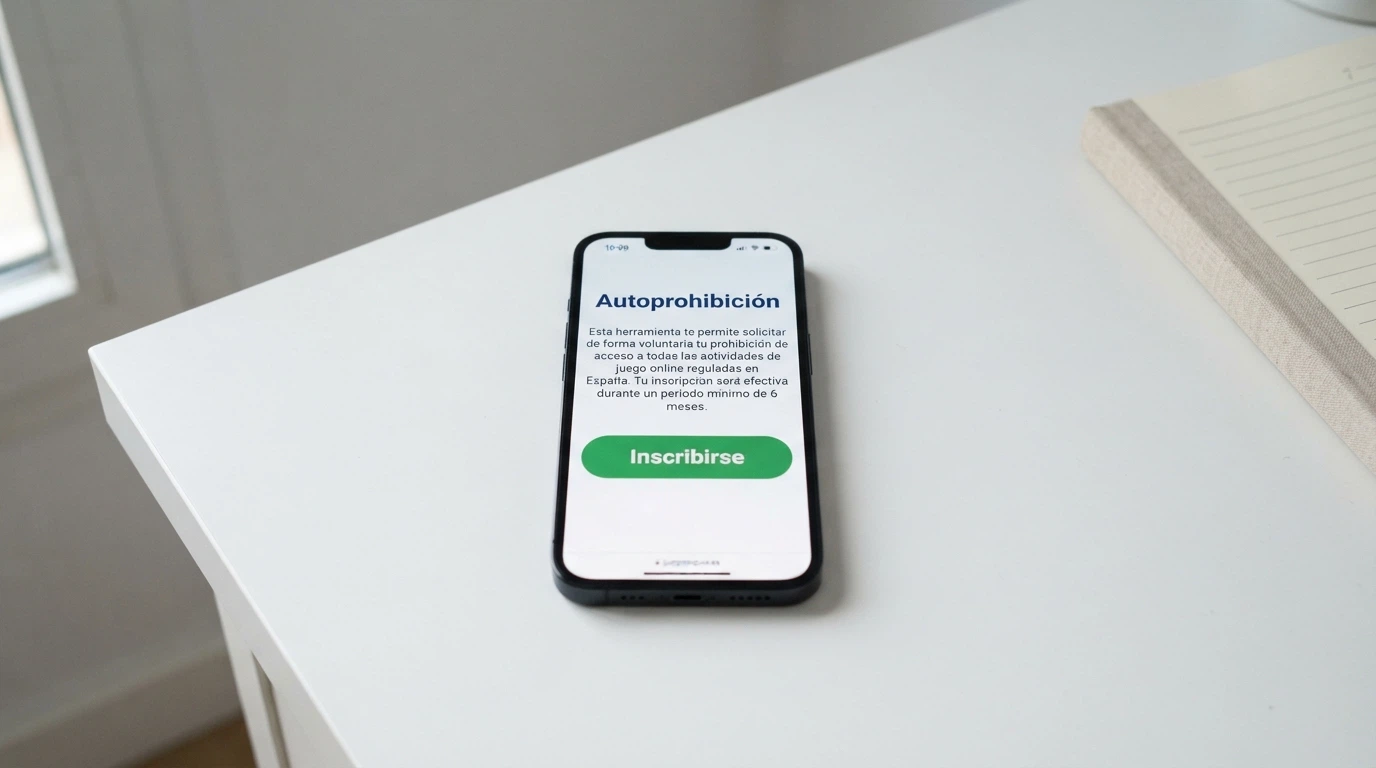 Pantalla de móvil mostrando la interfaz de la app de Autoprohibición lúdica de la DGOJ, con un botón destacado de «inscribirse en RGIAJ» y el portal juegoseguro.es visible