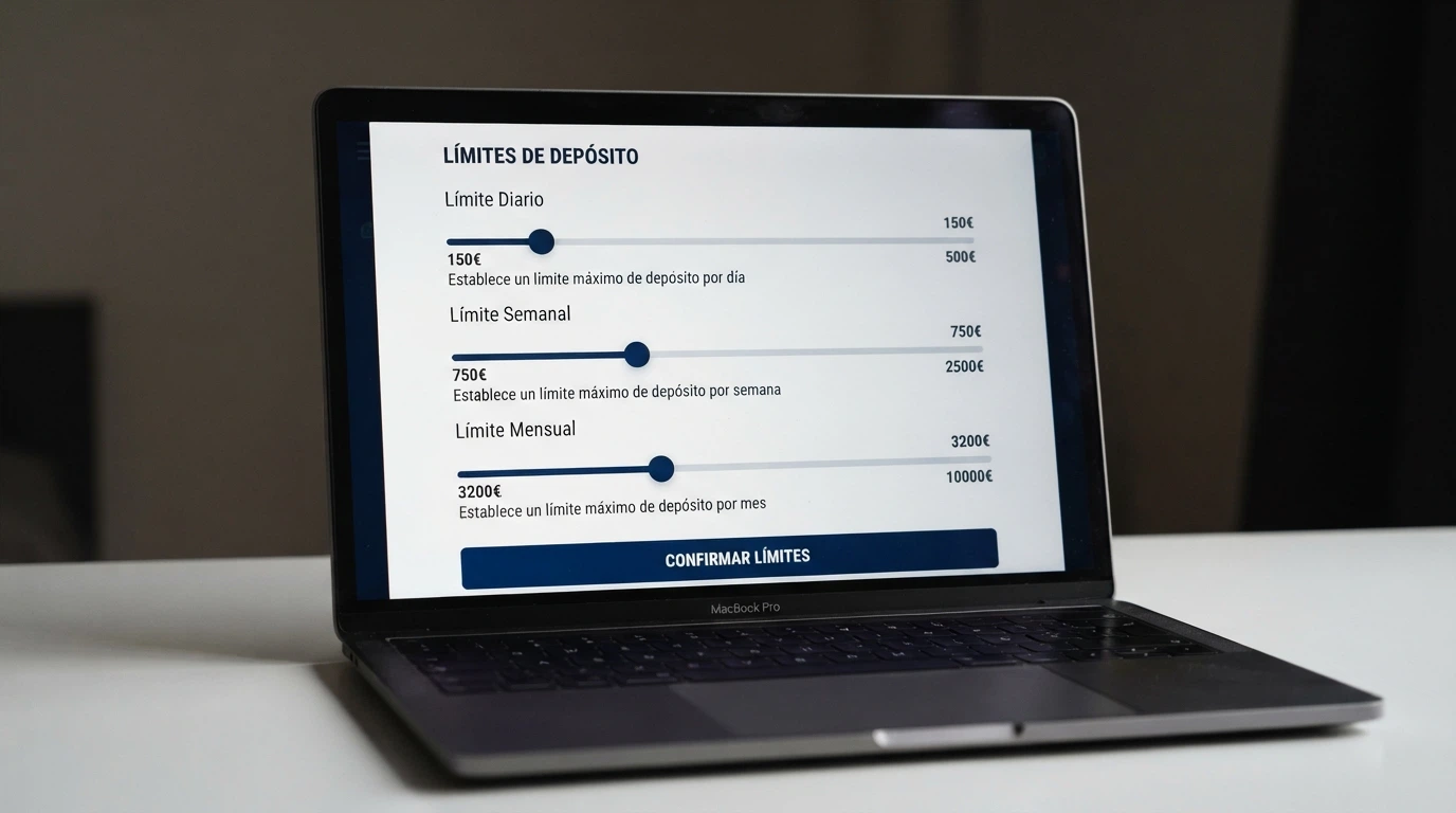 La interfaz de un casino español mostrando el panel de configuración de límites de depósito (diario, semanal, mensual) con los controles deslizantes visibles