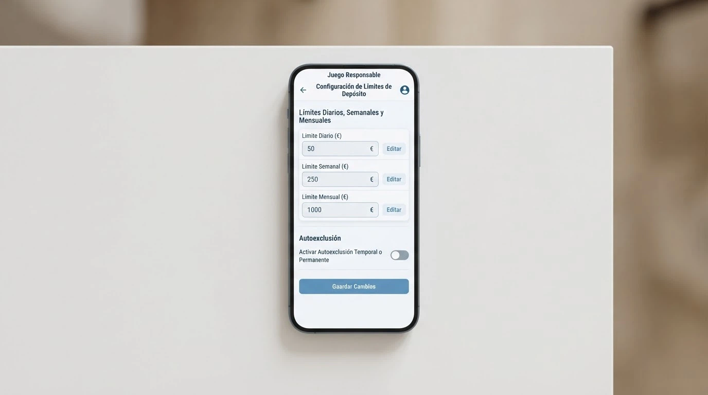 Panel de configuración de límites de depósito en un casino online español con los campos de límite diario, semanal y mensual junto a un interruptor de autoexclusión