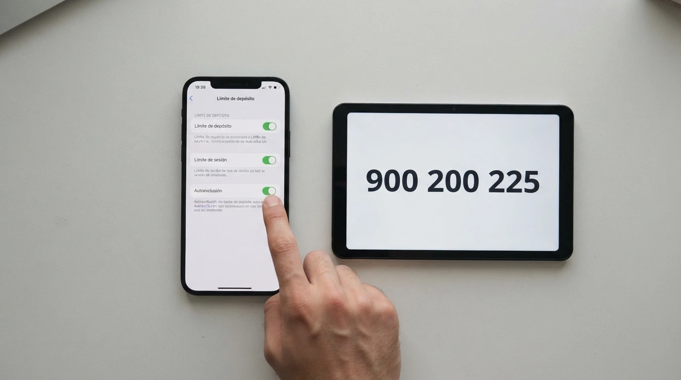 Un panel de configuración con interruptores etiquetados «límite de depósito», «límite de sesión» y «autoexclusión» junto a un teléfono con el número 900 200 225 en pantalla