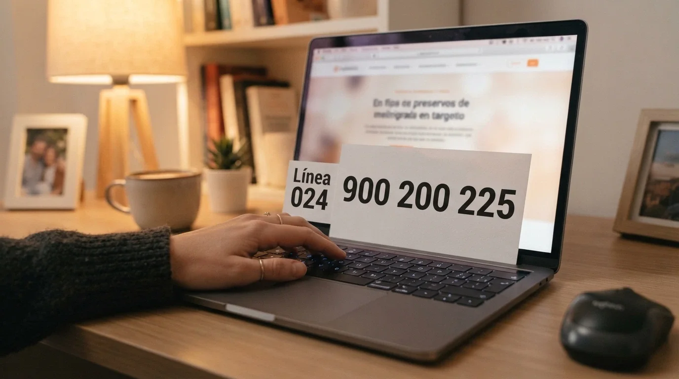 Una mano sobre un teclado con el teléfono 900 200 225 visible y los logotipos de FEJAR y del Ministerio de Consumo al lado