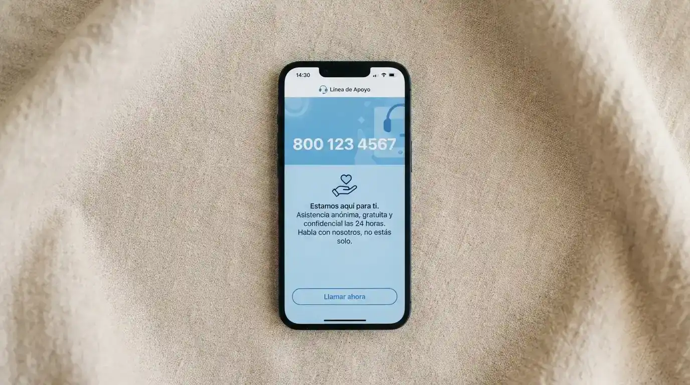 Teléfono móvil mostrando el número 900 200 225 de FEJAR junto al texto de ayuda anónima y confidencial