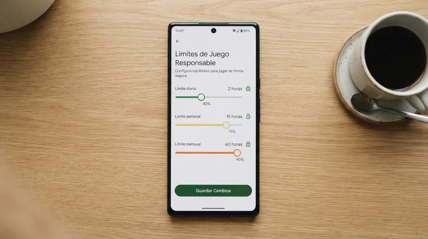 Interfaz de configuración de límites de depósito en un casino online español, con controles deslizantes para límite diario, semanal y mensual junto a un candado de seguridad
