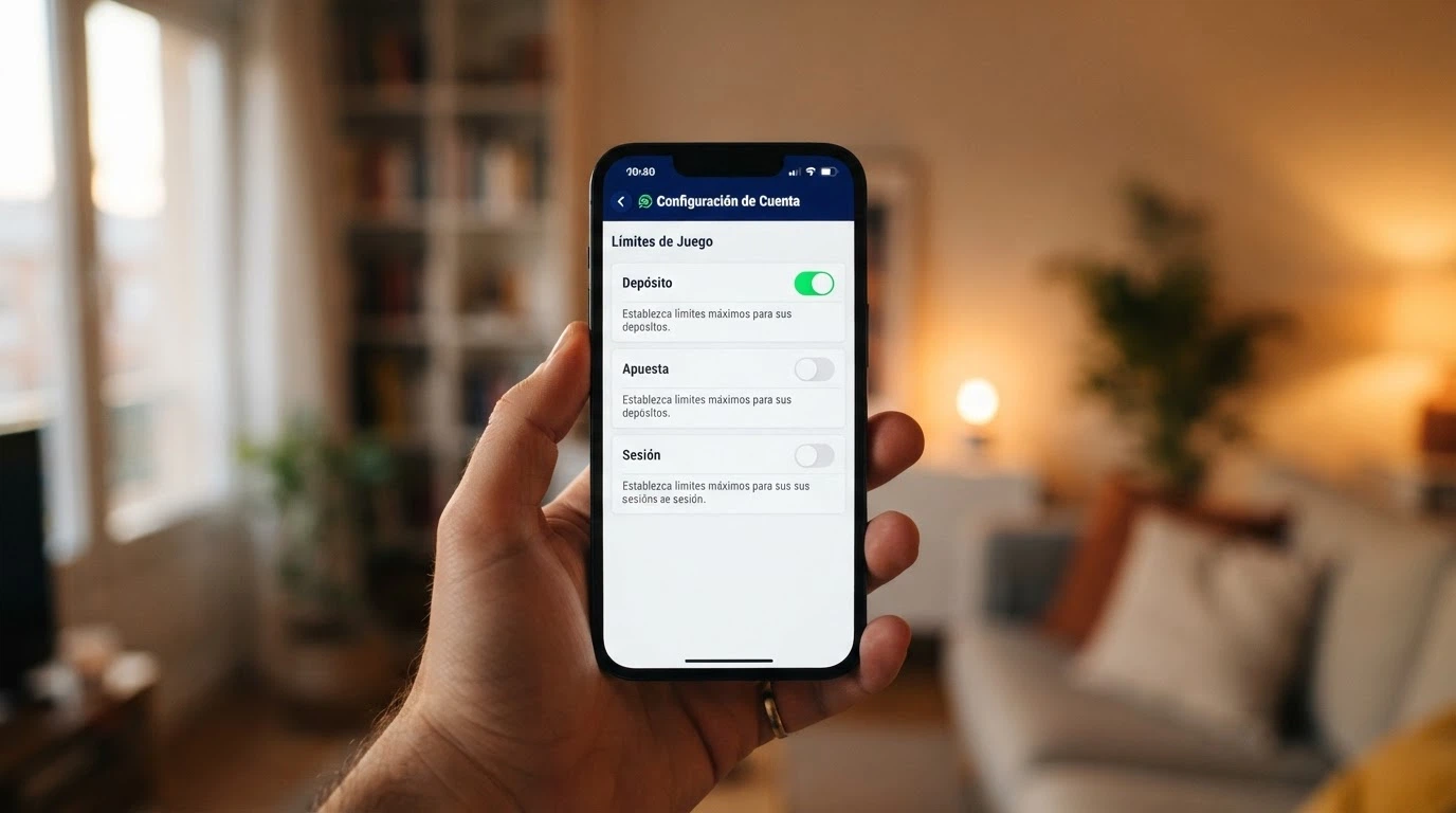 Una pantalla de configuración de límites personales en un casino online con interruptores de depósito, apuesta y tiempo de sesión