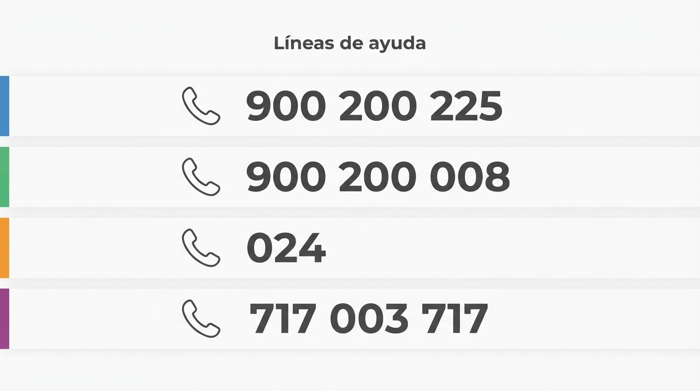 Infografía con los teléfonos gratuitos de ayuda: FEJAR 900 200 225, DGOJ 900 200 008, Línea 024 y Teléfono de la Esperanza 717 003 717
