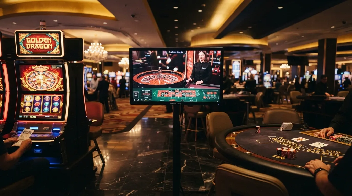 Un salón de casino online con tres pantallas: una slot girando, una ruleta en vivo con crupier real, y una mesa de blackjack