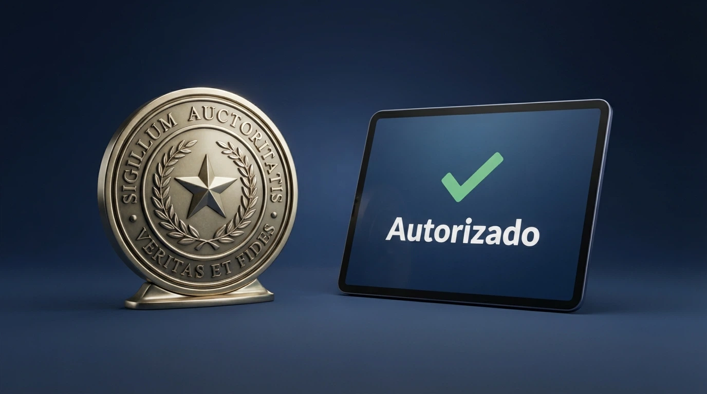 Fachada institucional con el logotipo de la DGOJ y un sello de autorización sobre la pantalla de un casino online