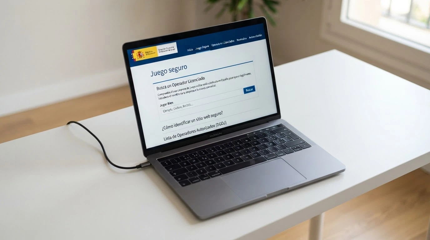 Pantalla del sitio web ordenacionjuego.es de la DGOJ con el registro de operadores autorizados visible y el escudo del Ministerio de Derechos Sociales, Consumo y Agenda 2030