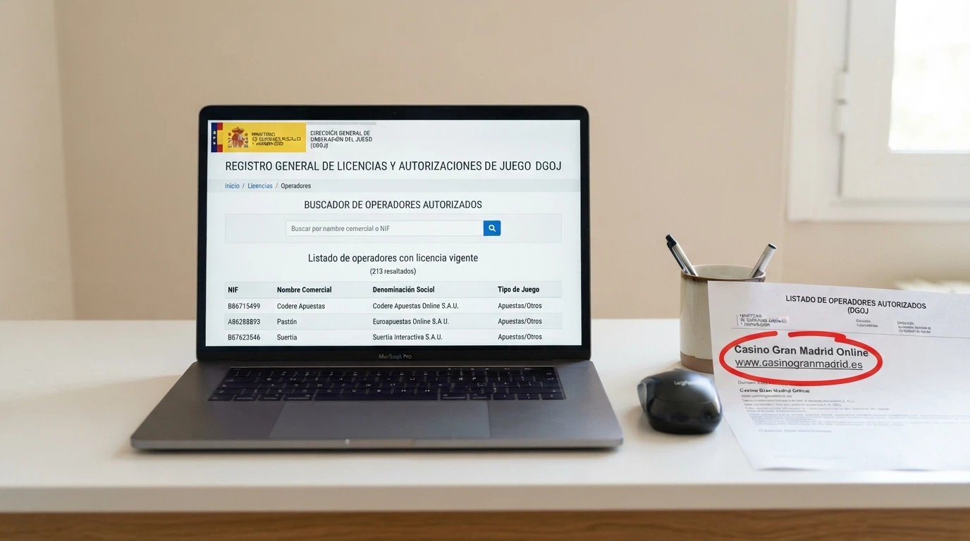 Una pantalla mostrando el sitio ordenacionjuego.es con el buscador de operadores autorizados y el dominio .es de un casino junto al escudo de la DGOJ