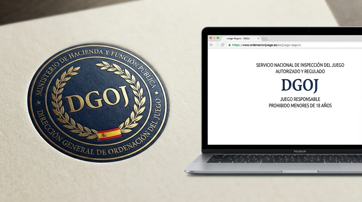 Un sello oficial con las siglas DGOJ y la bandera de España junto a una pantalla donde se ve la URL de un casino terminada en .es