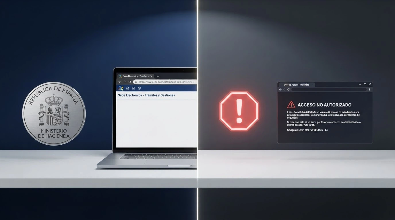Pantalla dividida: a la izquierda el sello de la DGOJ y el dominio .es de un operador autorizado; a la derecha un aviso de sitio bloqueado por la DGOJ