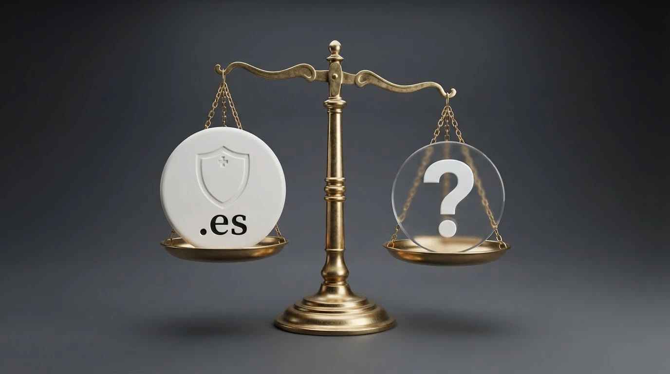 Balanza de dos platillos: en el izquierdo, una placa con el escudo DGOJ y el dominio .es; en el derecho, un signo de interrogación sobre una silueta sin identificar