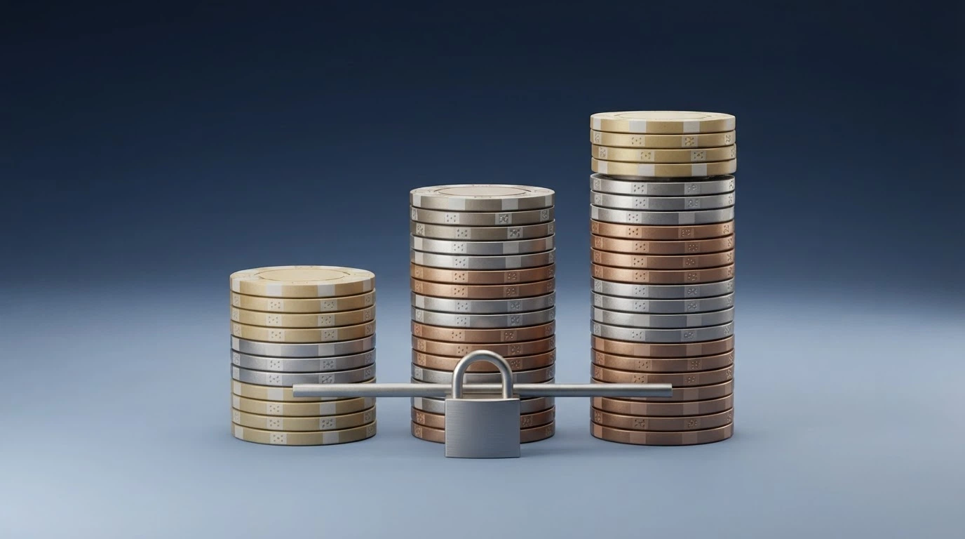 Una ilustración conceptual con tres columnas de monedas apiladas a diferentes alturas bajo los rótulos «diario», «semanal» y «mensual», con un candado que las conecta