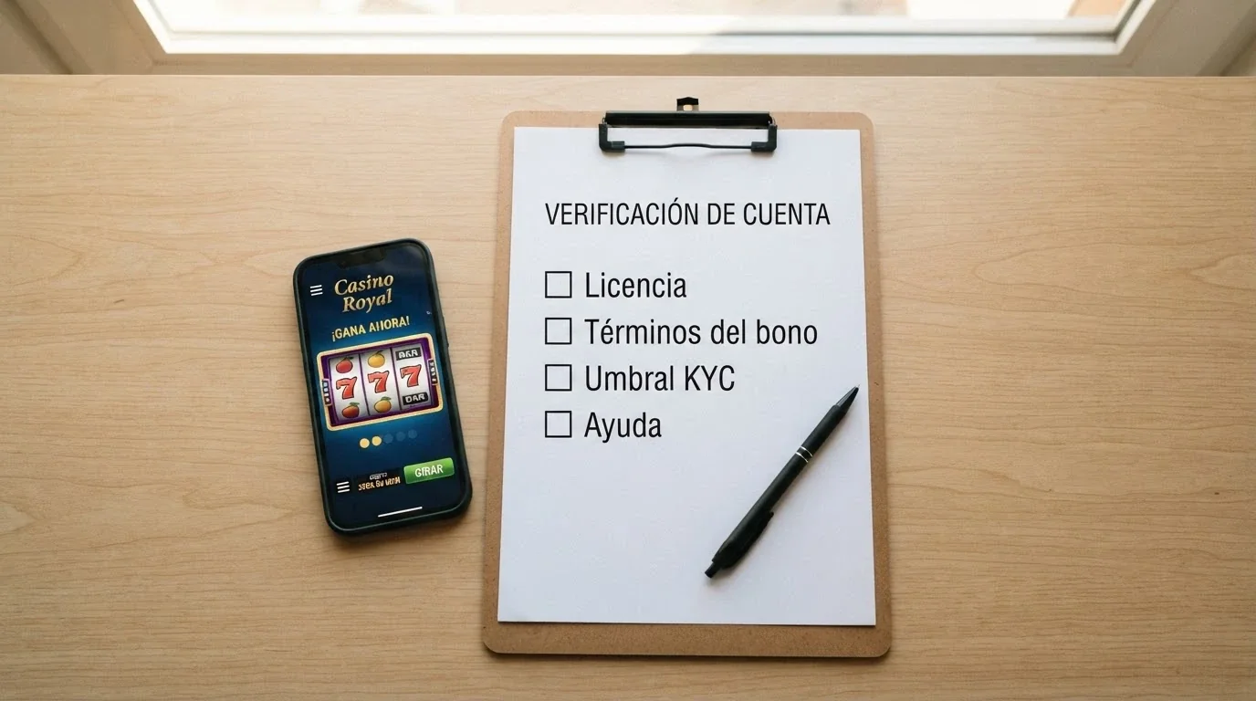 Lista de comprobación con los puntos clave: licencia, términos del bono, umbral KYC y teléfono de ayuda