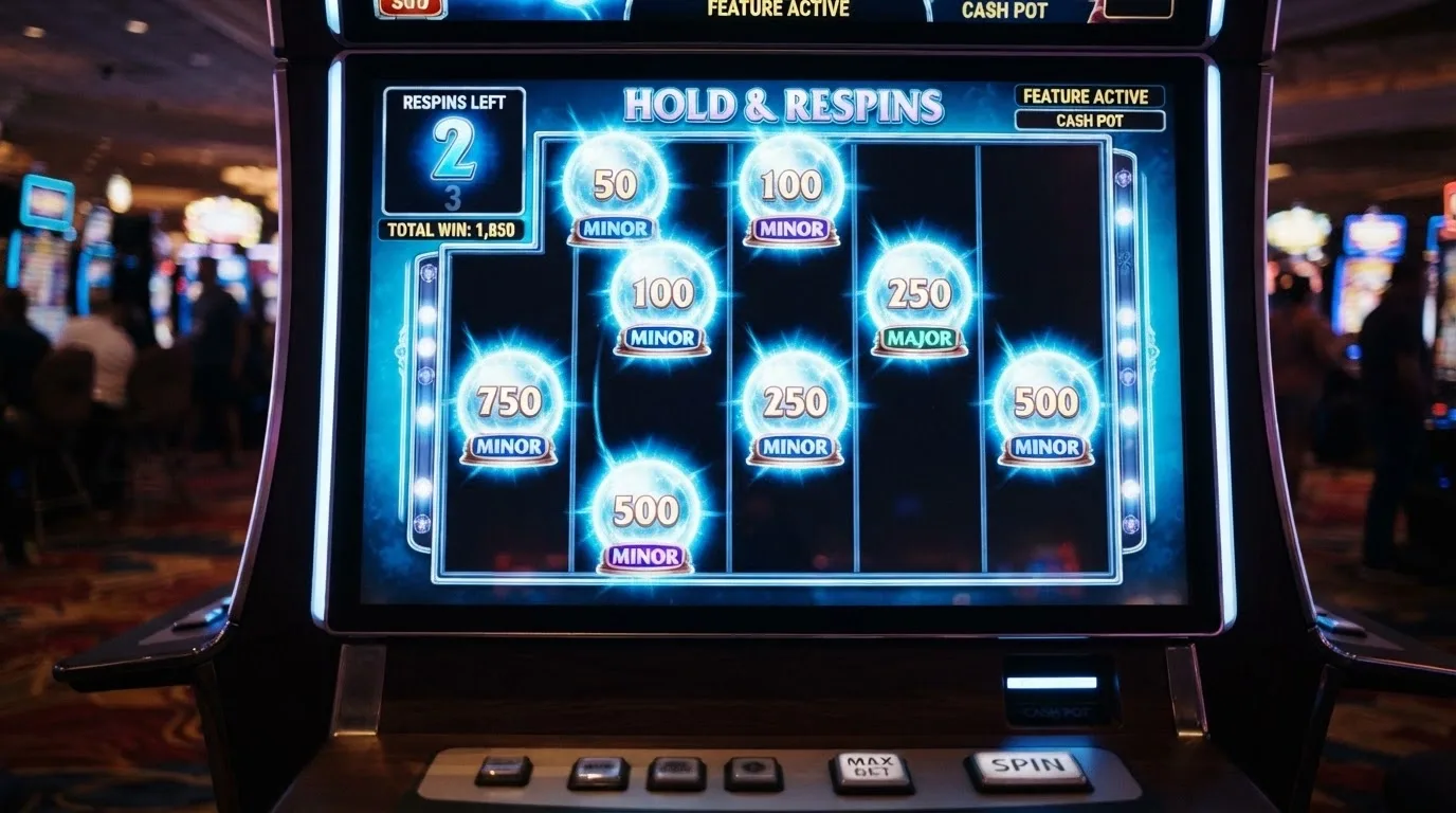Primer plano de la interfaz de una slot Fire Blaze durante la ronda de respins con varias posiciones de jackpot iluminadas