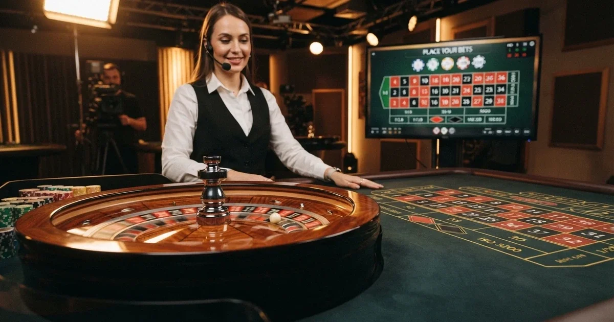 Una mesa de ruleta en vivo de Evolution Gaming con crupier real retransmitida en HD desde un estudio profesional, con la interfaz de apuestas visible en pantalla