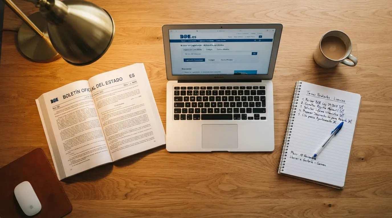 Una mesa de trabajo con documentos del BOE, la página de la DGOJ y una lista de verificación