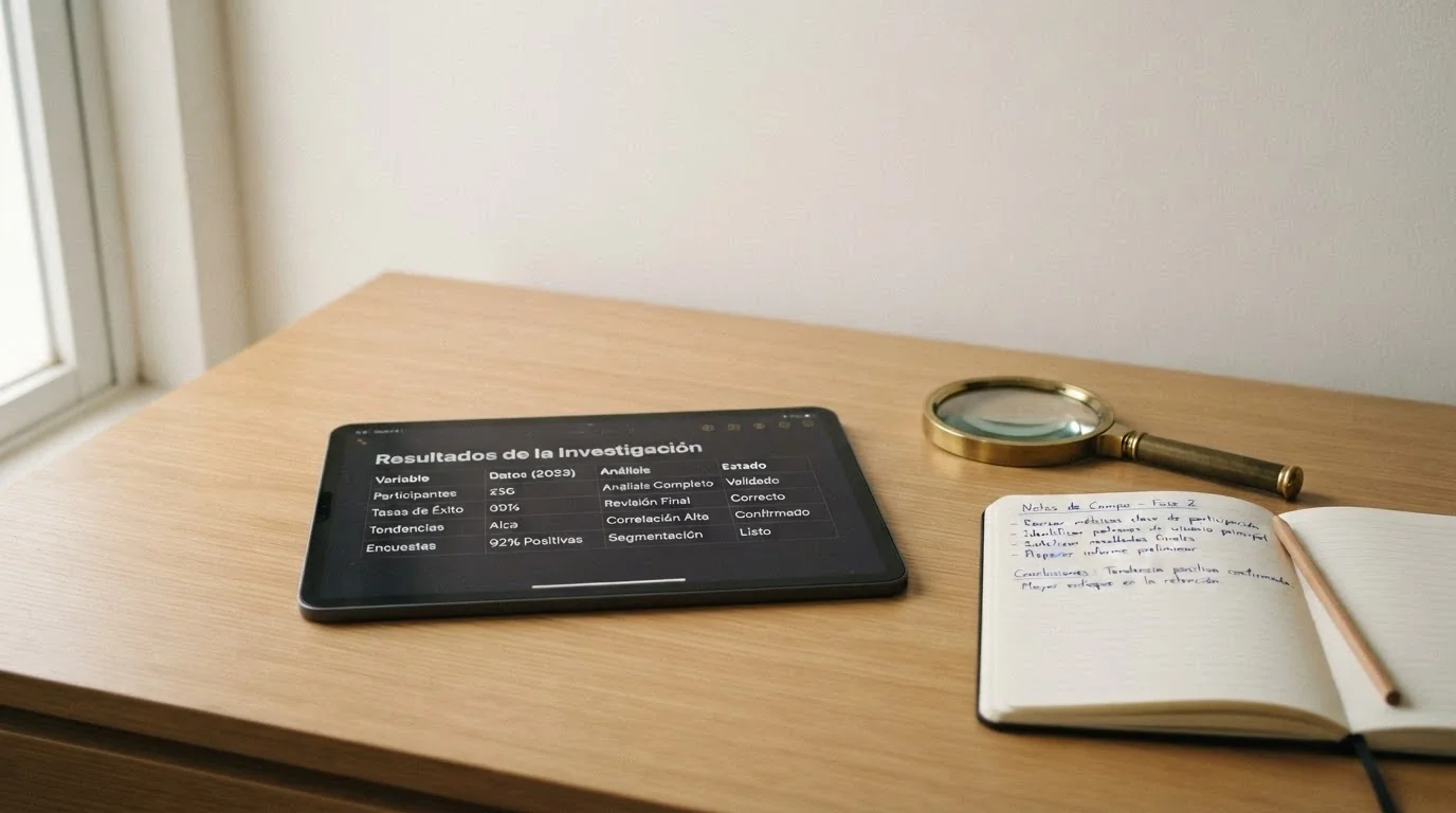Una mesa de trabajo con una lupa sobre una tableta que muestra el registro público de la DGOJ, junto a notas manuscritas con criterios de evaluación