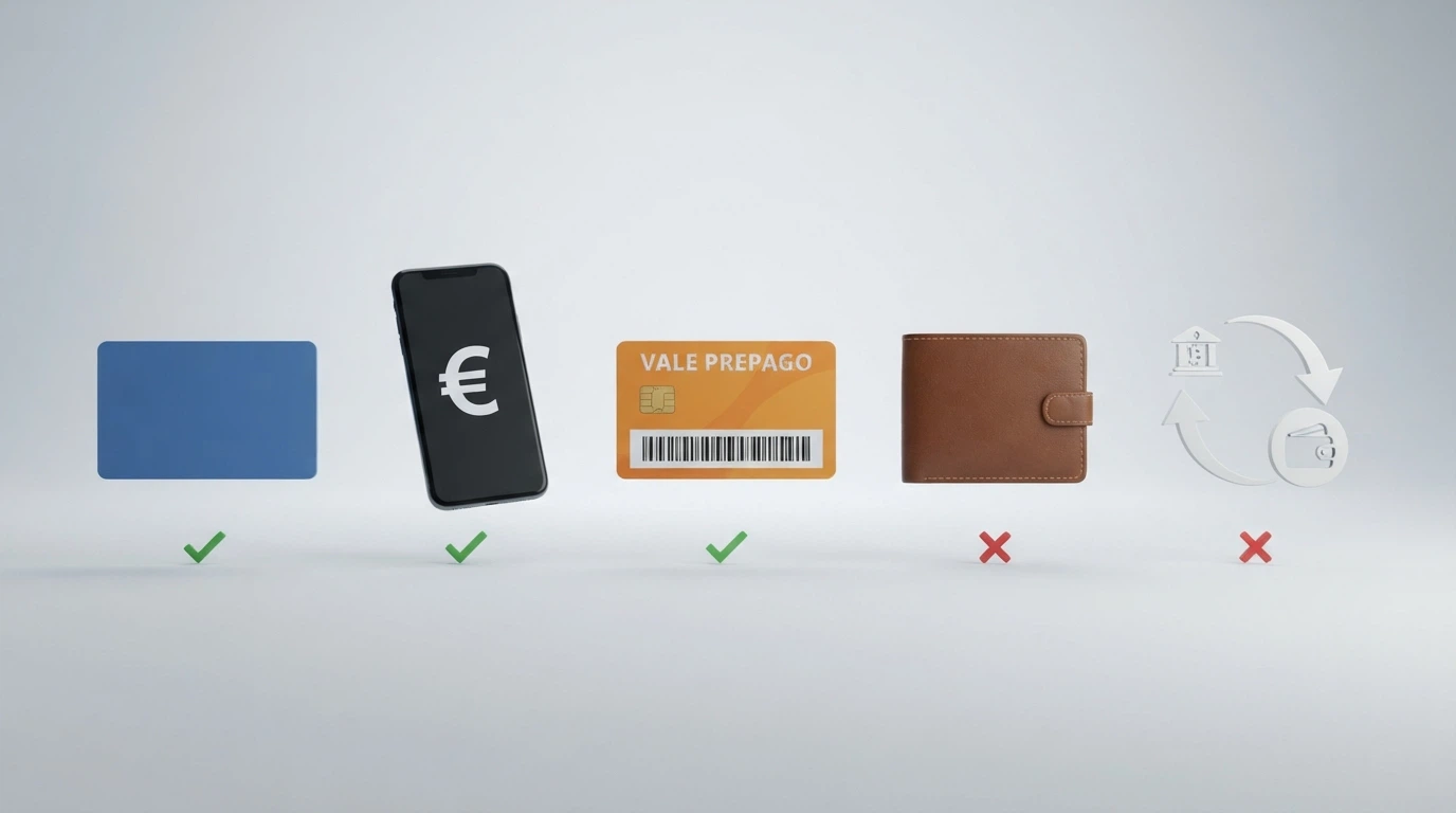 Iconos de los métodos de pago disponibles (tarjeta, Bizum, Paysafecard, PayPal, transferencia) con marcas de verificación en depósito y cruces en retirada donde corresponda