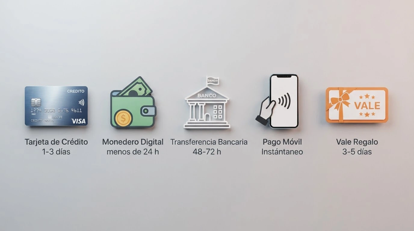 Iconos de los métodos de pago aceptados — Visa, PayPal, Skrill, Bizum, transferencia bancaria — junto a sus tiempos de retirada