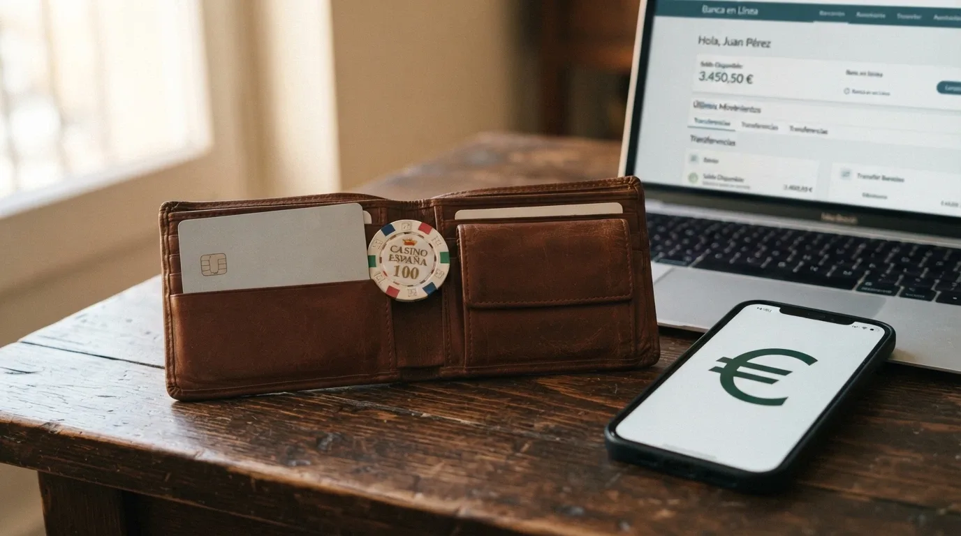 Cartera abierta mostrando billetes de euro, una tarjeta bancaria, un móvil con el logo de Bizum y un monedero electrónico con el símbolo de PayPal, todo sobre una mesa con un portátil al fondo