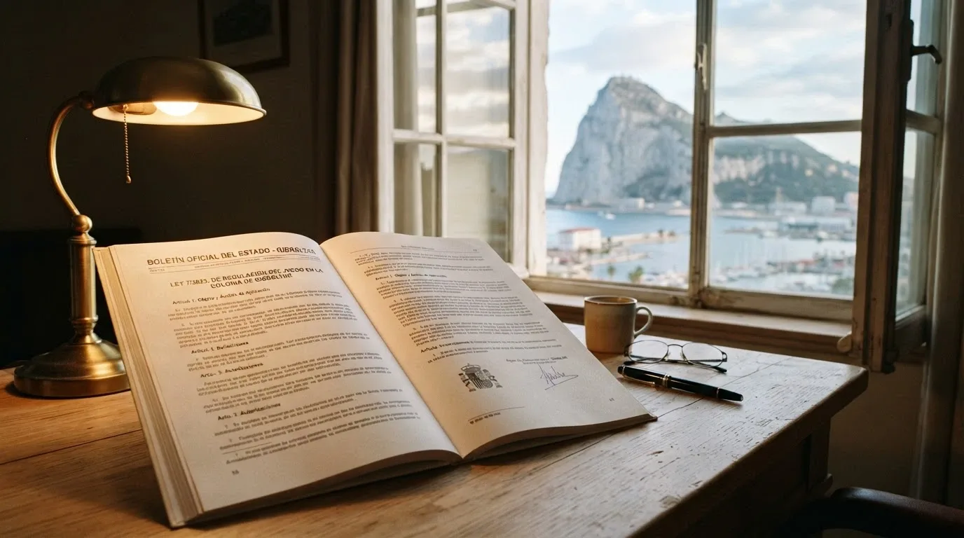 Documento oficial de la Gambling Act de Gibraltar sobre una mesa con el Peñón visible por la ventana