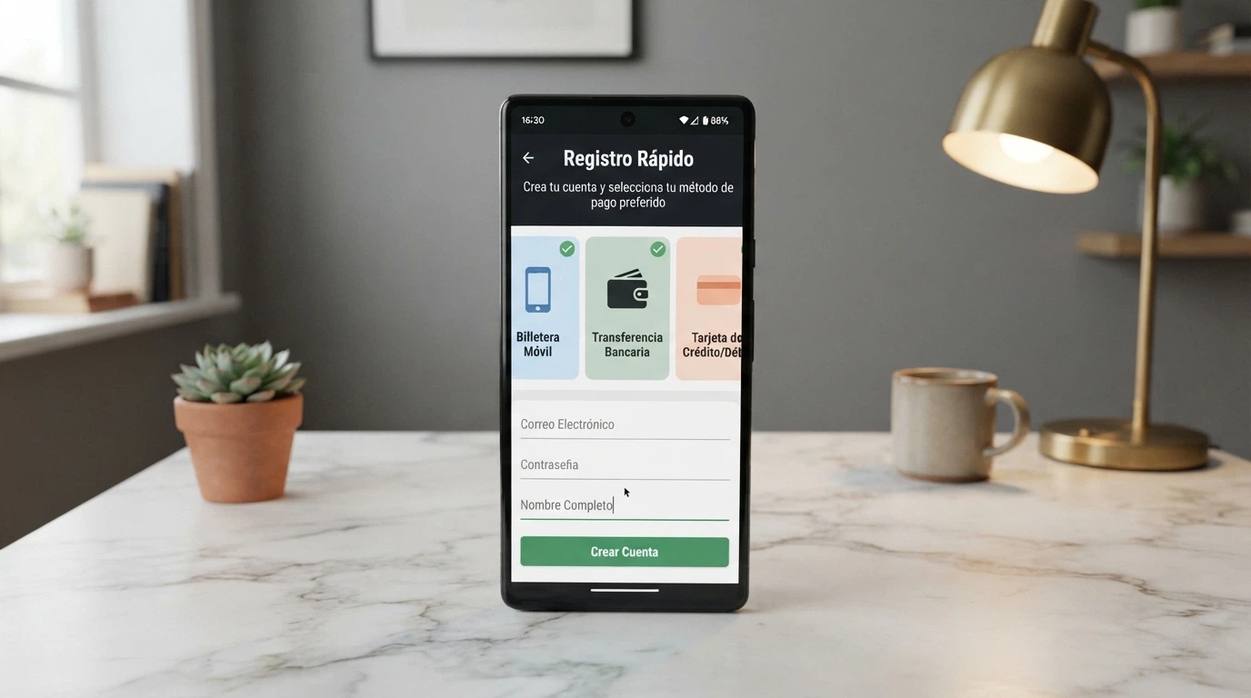 Interfaz moderna de un casino online con diseño móvil y las opciones de pago Bizum, Apple Pay y Google Pay destacadas