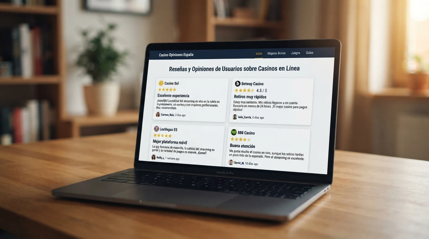 Captura de pantalla de una página de reseñas de casino online con valoraciones en estrellas y comentarios de usuarios en español