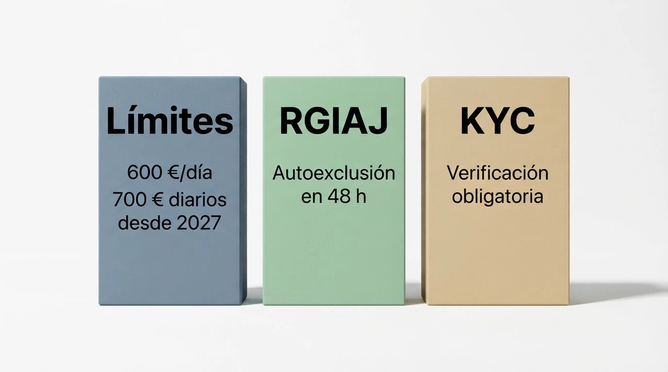 Esquema con los tres pilares de protección del jugador en España: límites de depósito, RGIAJ y verificación KYC, con las cifras de cada uno