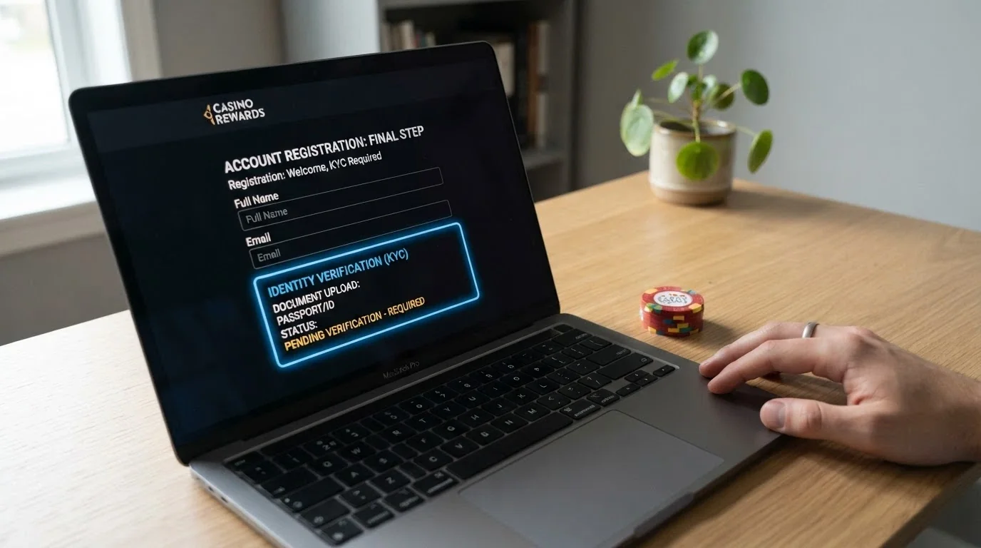 Pantalla de registro de un casino online español con el campo de verificación KYC resaltado y un DNI español junto al teclado