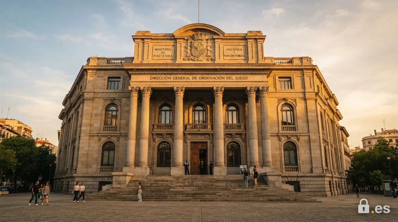 Fachada del Ministerio de Derechos Sociales, Consumo y Agenda 2030 con el logotipo de la DGOJ superpuesto en la esquina