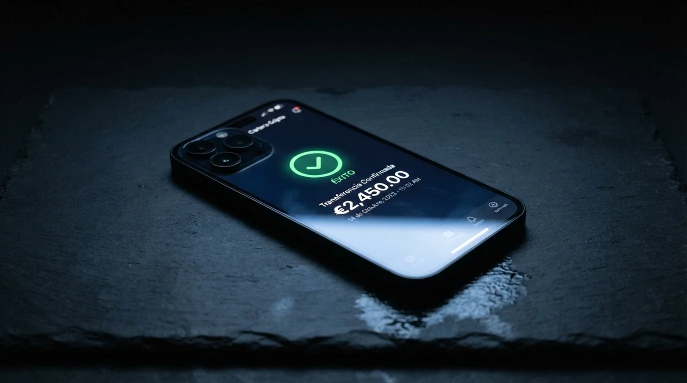 Pantalla de una wallet recibiendo una transferencia de criptomonedas con el estado «confirmada» y la hora