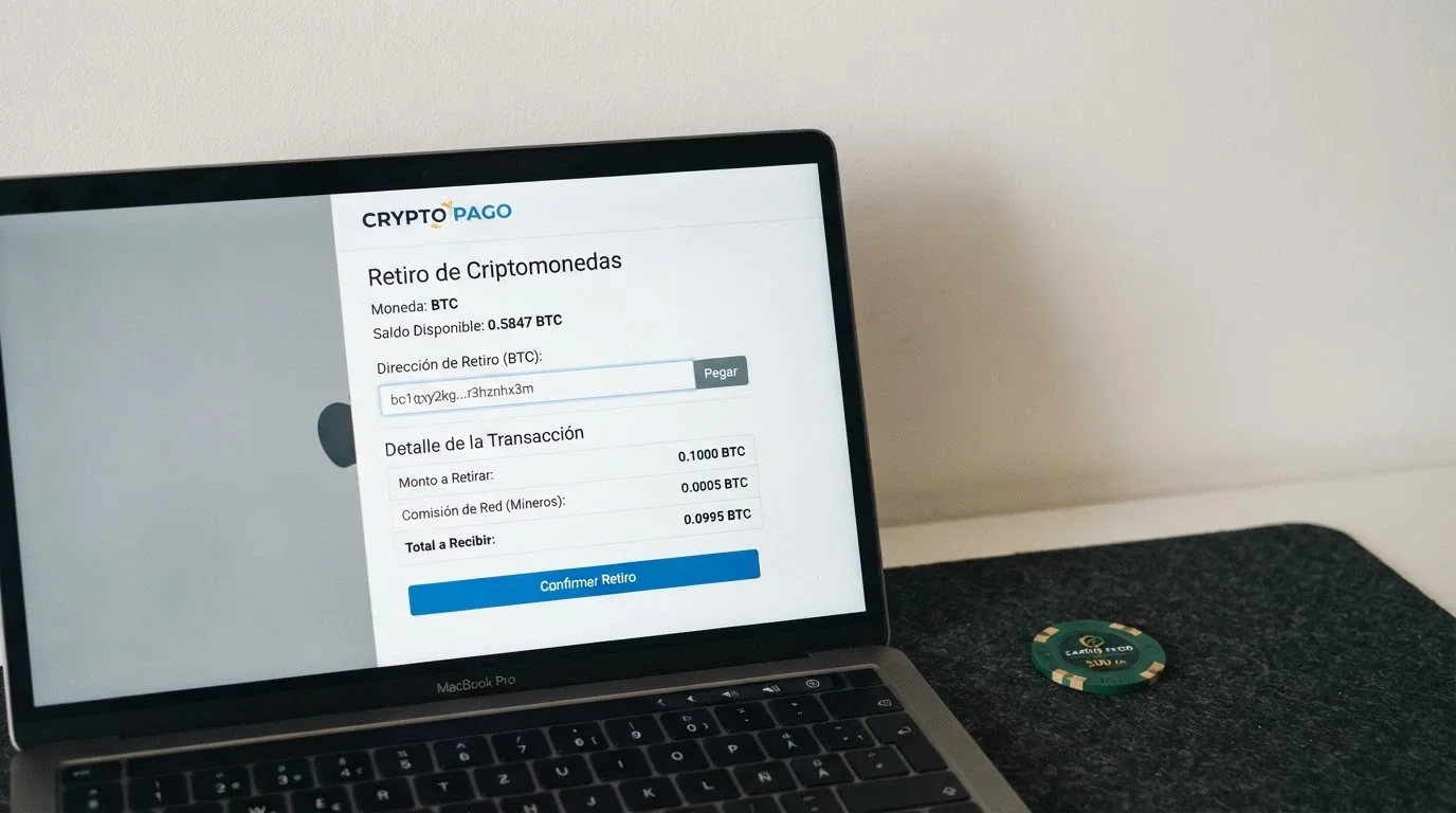 Pantalla de retirada de un casino online mostrando el campo de dirección BCH, un desglose de comisión de red y un tiempo estimado de procesamiento
