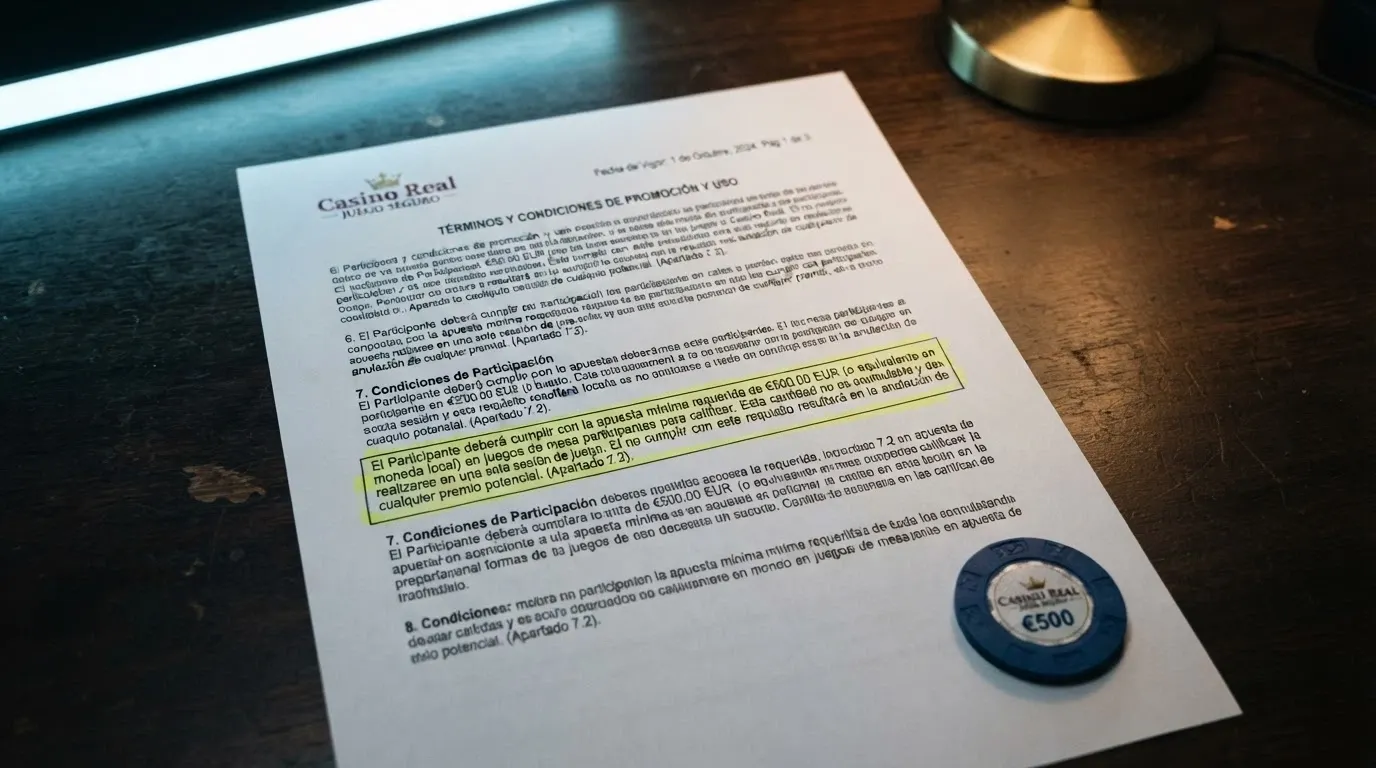 Captura de los términos y condiciones de un bono de casino donde se destaca el requisito de apuesta en la letra pequeña