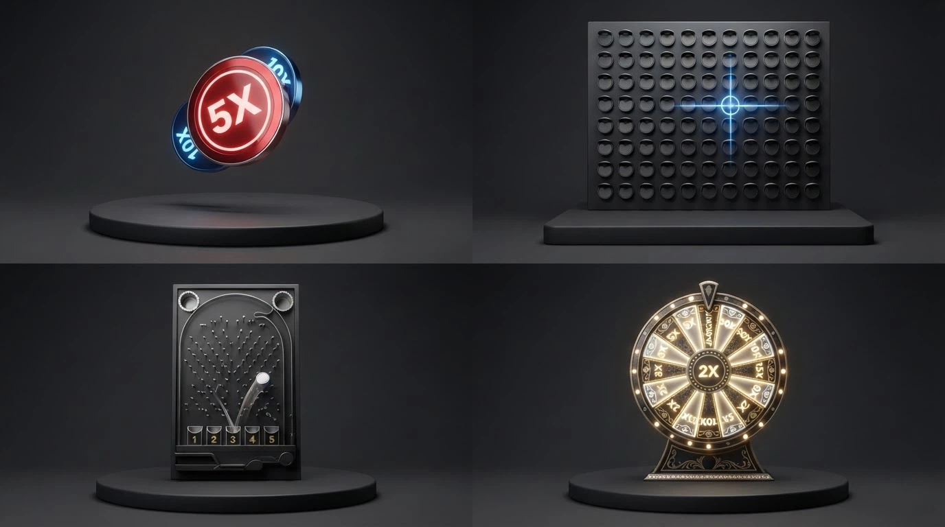 Las cuatro pantallas de las rondas de bonificación de Crazy Time: la moneda de Coin Flip, el muro de tiros de Cash Hunt, el tablero de clavos de Pachinko y la rueda virtual de Crazy Time