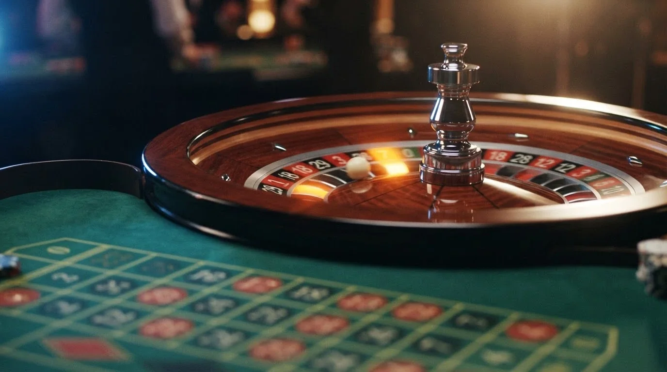 Primer plano de una ruleta de Evolution Gaming en pleno giro, con la bola detenida sobre un número iluminado por el multiplicador Lightning