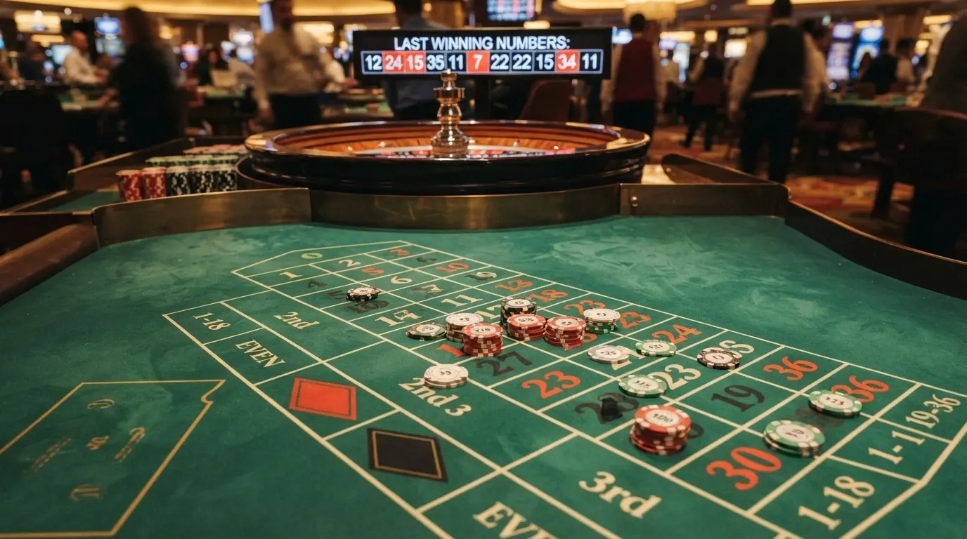Mesa de ruleta europea en primer plano con fichas virtuales sobre la cuadrícula de apuestas y el historial de números ganadores visible