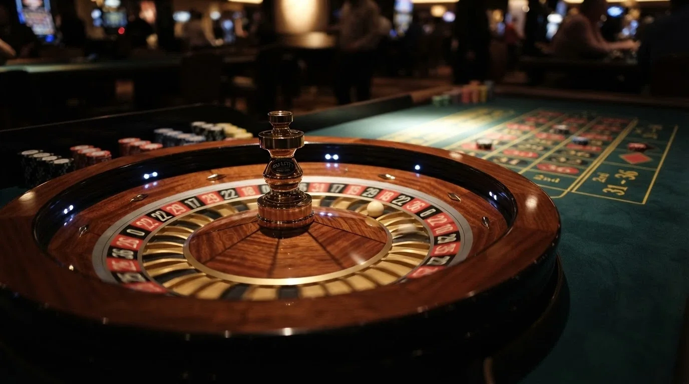Primer plano de una ruleta física con crupier en vivo, fichas de colores sobre el tapete y la interfaz de apuestas superpuesta en pantalla